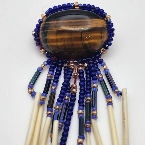 Handmade Native American Tiger's Eye, Glass Seed Beads, & Porcupine Quill Brooch - Picture 2 of 5